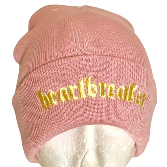 Nasaseasons Heartbreaker Embroidered Knit Beanie Pink Gold Fold Up Brim New! - Picture 2 of 5